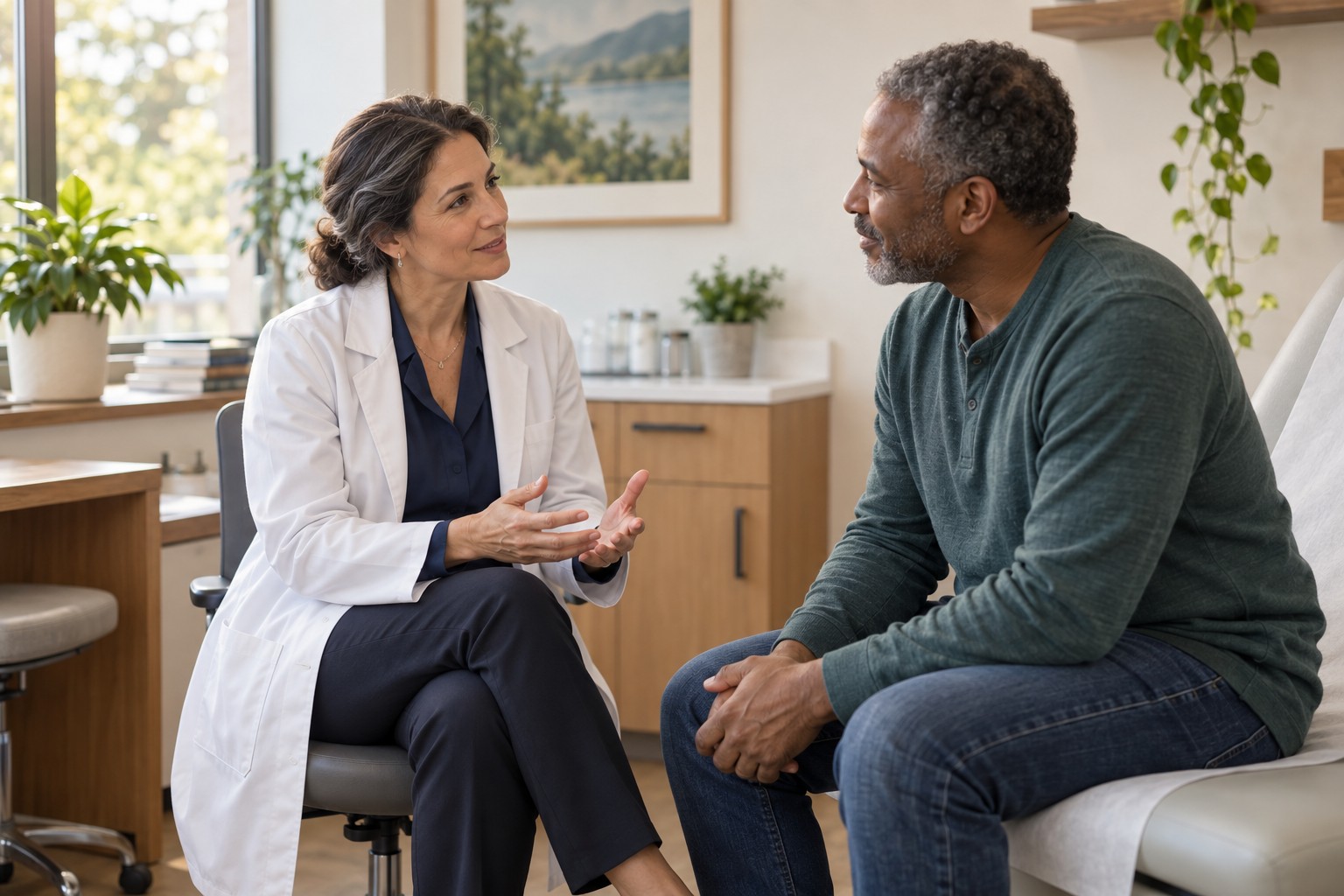 A physician and patient in conversation — restoring balance to medical care
